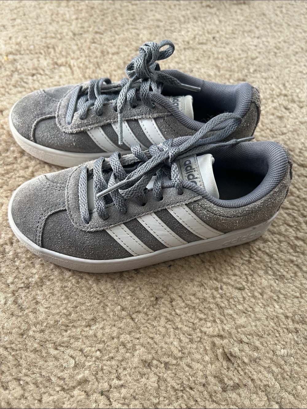 adidas Kids Gray Suede Sneakers with White Stripes